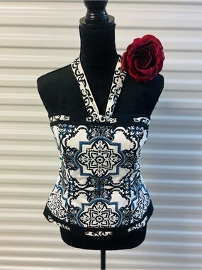 🌺White House Black Market Black, White & Blue corset Camisole Bone In sz 8